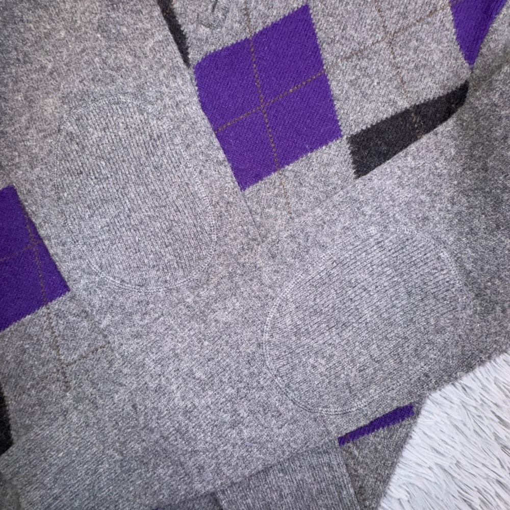 J.Crew Mens Large Lambswool Argyle Quarter Zip Sweater Elbow Patches Gray Purple - Picture 4 of 10